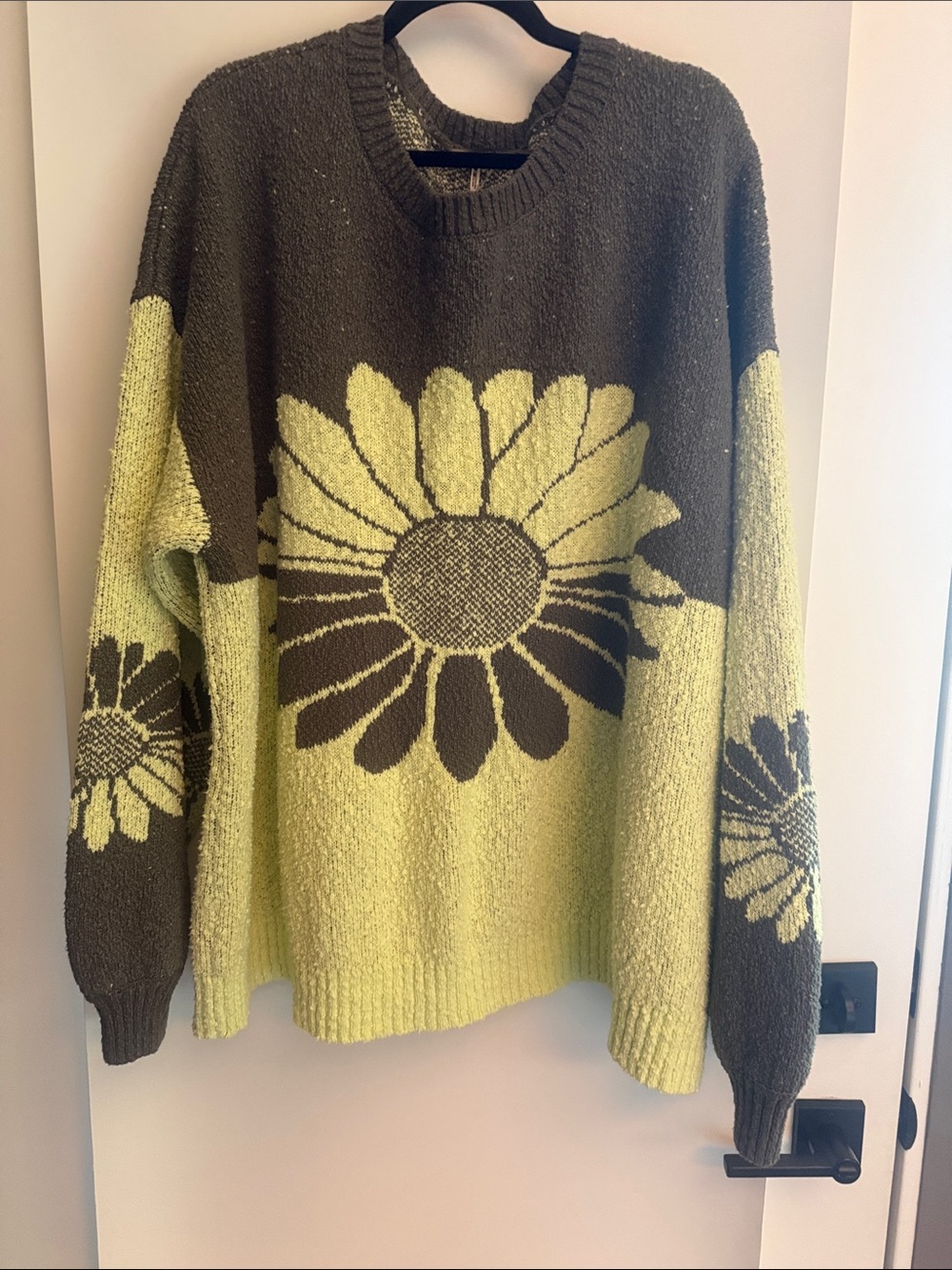 Free People Knit Daisy Crewneck Sweater - Olive Green & Dark Brown